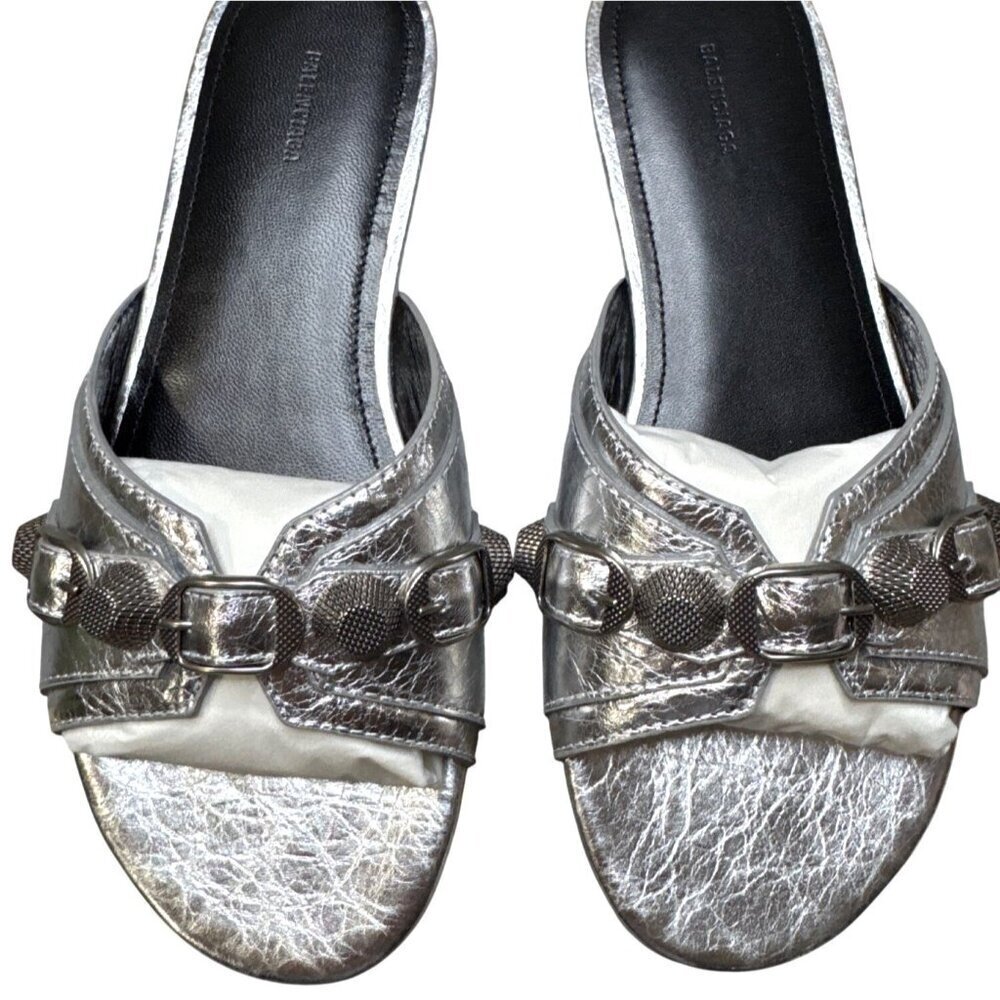 NWT Balenciaga Cagole Embellished Metallic Silver Leather Flats 6.5 US MSRP $890 - Picture 5 of 11